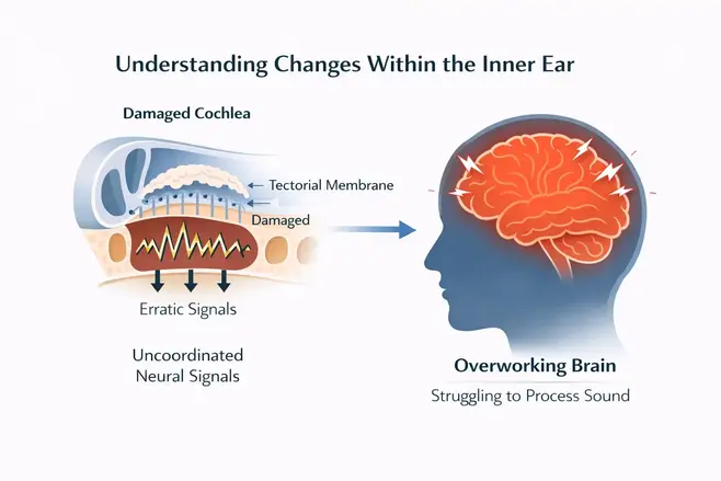 Ilustrative image of a cochlear hair cells strained by age or pressure sending scrambled signals that the brain interprets as tinnitus