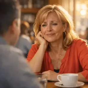 Illustrative image of a middle-aged woman in conversation, representing emotional support, tinnitus coping strategies, and natural relief for ear ringing symptoms